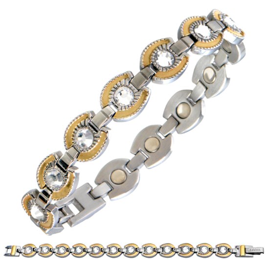 SABONA OF LONDON 216 Gem Gold Horseshoe Magnetic Bracelet, harmonic combination with scintillating Cubic Zirconia Gemstones and gold plated horseshoes is this attractive feminine magnet bracelet made of best stainless steel in matte silver tone