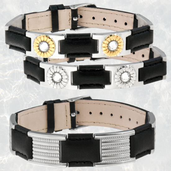 SABONA OF LONDON Leather Collection showcases distinctive bracelets with a rugged elegance for both men and women. These unique designs combine classic Sabona stainless steel links with quality USA oil-tanned leathers. The limited leather edition offers 4 samarium cobalt magnets of 1200 gauss each, embedded in the stainless steel accents