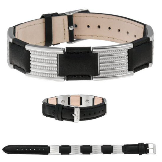 263 Leather Dress Magnetic Bracelet Sabona of London stylish sporty but elegant oil-tanned leather magnetic bracelet in combination with trendy accents in shimmering silver tone stainless steel features 4 Samarium Cobalt permanent magnets of 1200 Gauss each