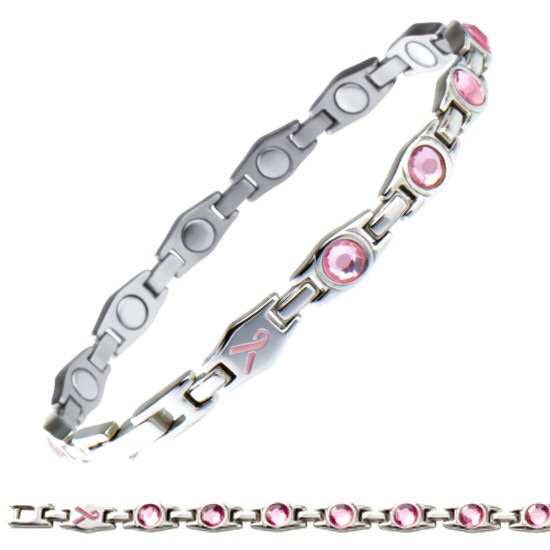 310 Sabona Bracelet Magnétique Executive Pink Ribbon, prestigieux bracelet magnétique de classe acier inoxydable maillons polis ornés de cristaux  Cubic Zirconia scintillants rosé. Les aimants puissants sont incrustés face interne du bracelet