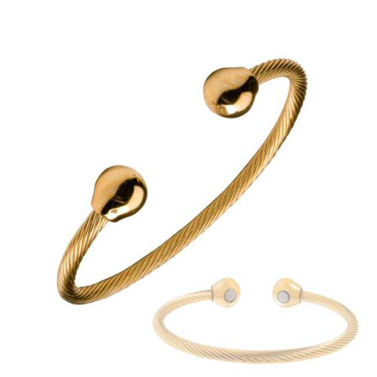 317 Steel Twist Gold Magnetic Bracelet, SABONA classical comfortable to wear, gold-plated stainless steel wire allows the bracelet to fit any wrist. Polished spheres decorate each the end of the bangle that incorporates a Samarium Cobalt magnet of 1200 gauss