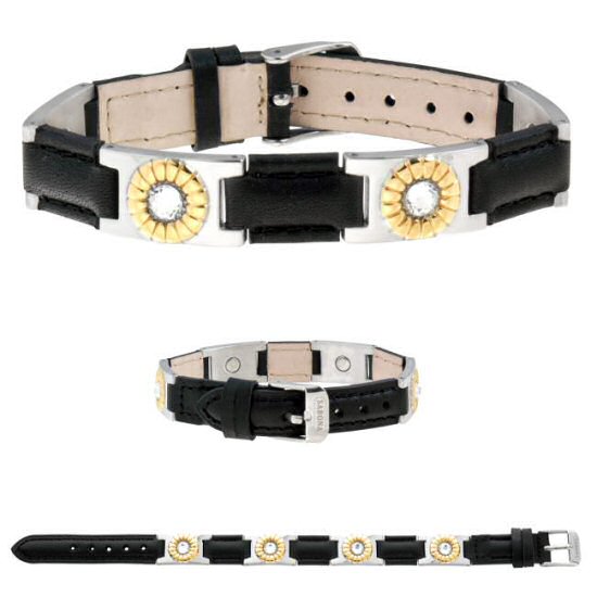 SABONA OF LONDON Black Leather Gem Duet Magnetic Bracelet, sportlich elegantes oil-tanned Leder & Edelstahl Magnetarmband in schimmerndem Silberton trendigen 18K gold plattinierten Akzenten in Kombination mit klaren Kristallen 4 Samarium Cobalt Permanent Magnete à je 1200 Gauss