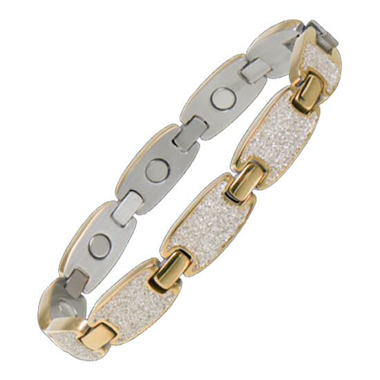 280 Caribbean Sunshine Magnetic Bracelet in Gold, Caribbean Sunshine features glimmering white mineral powder set in polished gold plated stainless steel. Each large link features a 1200 gauss samarium cobalt magnet