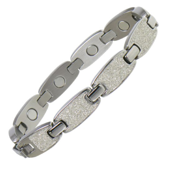 282 Caribbean Sunshine Magnetic Bracelet in Silver, aribbean Sunshine features a stainless steel magnetic bracelet in a trendy polished silver tone in combination with glimmering white mineral powder. Each large link features a 1200 gauss samarium cobalt magnet