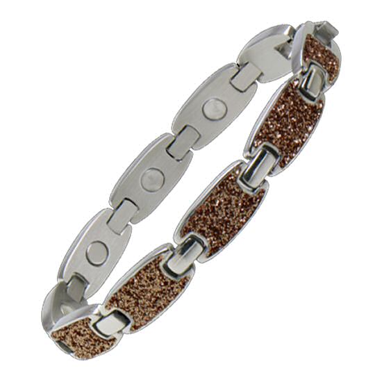 283 Caribbean Sand Magnetic Bracelet in Silver, Sabona Resort Collection, with truly unique styles. The Caribbean Sand features glimmering light brown mineral powder set in polished stainless steel. Each large link features a 1200 gauss samarium cobalt magnet