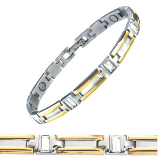 304 SABONA OF LONDON Gem Duet Magnetic Bracelet ravissant élégant bracelet magnétique antistress en acier inoxydable avec une très belle finition plaquée en or 18K est ornés avec des pierres de zirconium scintillants blancs, magnéto thérapie, thérapie douce,traitement des maux arthrite, mal de dos soulager les maux,efficace bienfaits reconnus