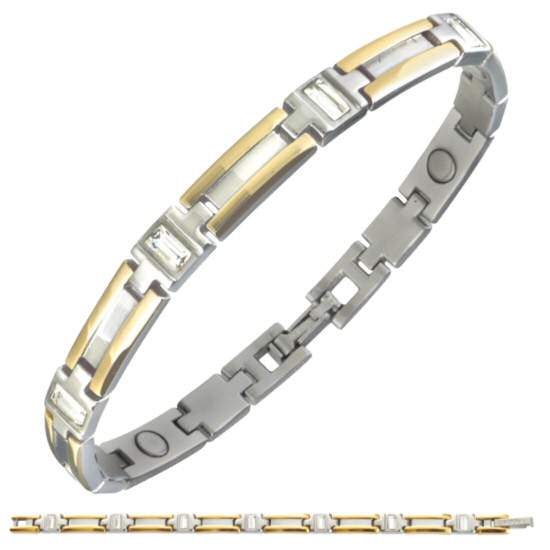 SABONA OF LONDON 304 Gem Duet Magnetic Bracelet, stylish SABONA OF LONDON magnetic bracelet decorated with simple elegance and a clear emerald-cut CZ gem, whose cut creates magical light reflections. The fascinating sparkle of the gemstomes is a beautiful combination with the partial gold plated stylish stainless steel magnetic bracelet and adds a stylish look to any outfit