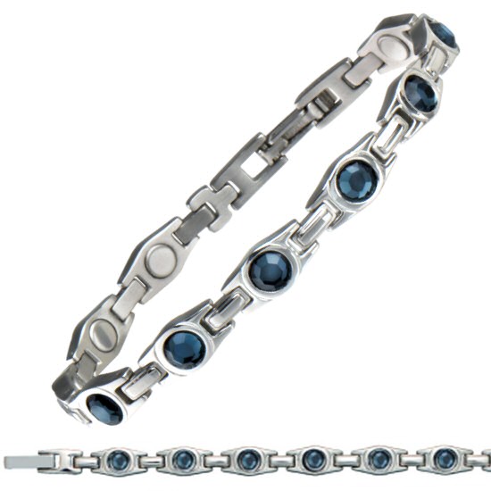 SABONA OF LONDON Executive Blue Gem Magnetic Bracelet, Blue gems and polished stainless steel are the features of this SABONA design that represents pure elegance. The bracelet gleams in a bright silver tone with twinkling blue crystals and its clasp is designed to fasten securely
