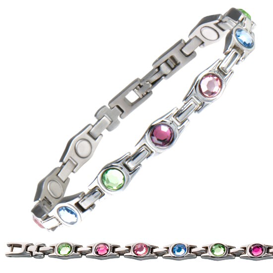 SABONA OF LONDON Executive Gem Multi Color Magnetic Bracelet, Four shades of pastel coloured Cubic Zirconia gems sparkle in this delightful bracelet are carefully, encased in highly polished stainless steel to create a perfect dressing look. The quality clasp ensures your bracelet stays safe