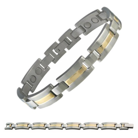 340 Executive Dress Duet Magnetic Bracelet, classical sportive SABONA OF LONDON magnetic bracelet in bicolor design and high wearing comfort. The harmonious combination captivates with matte shimmering stainless steel and a centered gold plating, giving every outfit a smart and elegant touch.