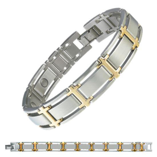 346 Executive Symmetry Duet Magnetic Bracelet, geometrically clear design, functionality and wearing comfort underlines this unique SABONA OF LONDON magnetic bracelet made of high quality stainless steel and 18K gold plated links. The stylish combination in bicolor adds a touch of smart elegance to any outfit