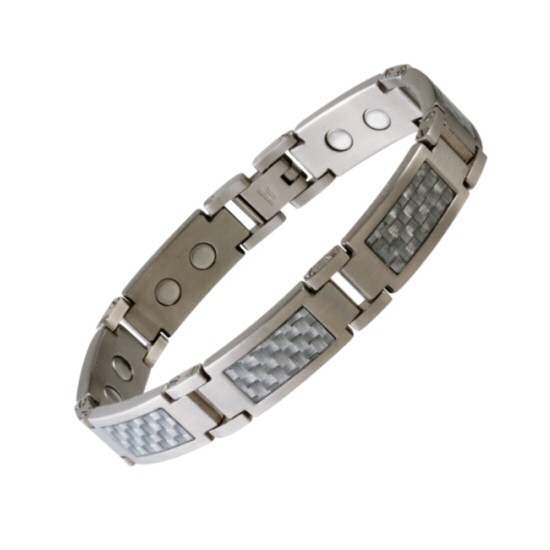 348 Grey Carbon Fiber Magnetic Bracelet, stylish design of this limited edition Sabona of London stainless steel magnetic bracelet features a unique combination of a satin finish stainless steel and high quality gray carbon inserts. A great match with a touch of casual elegance to suit any style of outfit