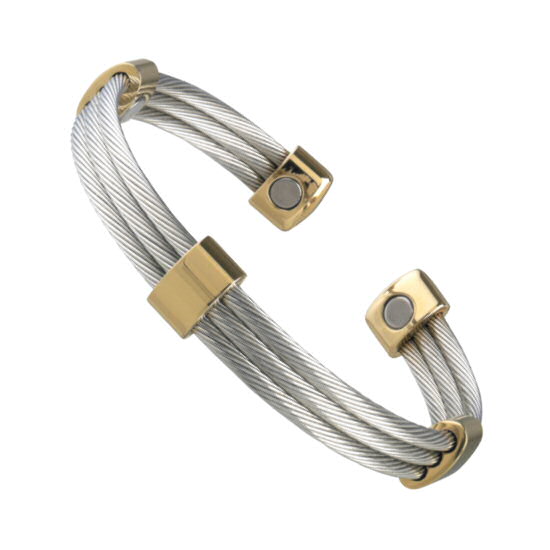 SABONA OF LONDON 363 Trio Cable Stainless/Gold Magnetic Bracelet, unique style in cable bracelets made of stainless steel and gold plated accents nestle comfortably around the wrist. Three stainless steel cables connected together and accented by five 18K gold plated connectors, each containing a 1200 gauss samarium cobalt magnet