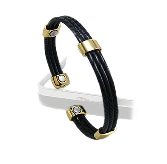 SABONA OF LONDON 364 Trio Cable Black/Gold Magnetic Bracelet, sporty-elegant Trio Cable version in blackened stainless steel and gold plated accents that nestles pleasing around the wrist. Three finished black cables connected together and accented by five gold plated stainless steel connectors, each containing a 1200 gauss samarium cobalt magnet