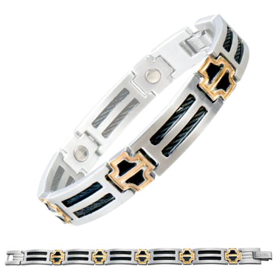 SABONA OF LONDON #372 Black Cable Duet Magnetic Bracelet, Two-tone gold plating and polished stainless design is framed in black and accented by brushed stainless steel and black steel cable. The 18K gold plated links distinguish the unique tricolor design of this high quality Sabona of London link magnetic bracelet in a limited edition. This unique combination adds a touch of extravagant elegance to any outfit.